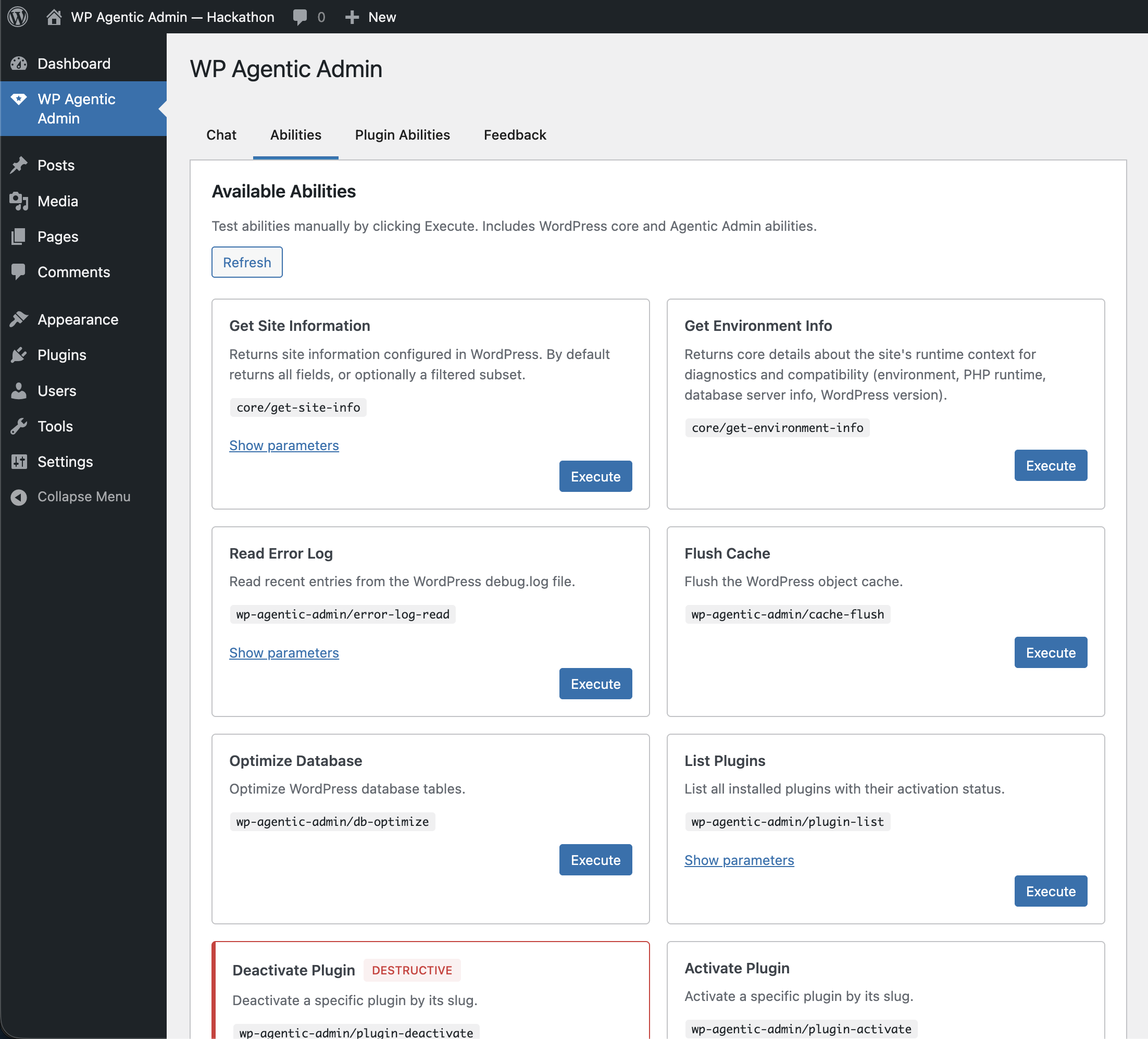 Agentic Admin for WP abilities panel showing available tools