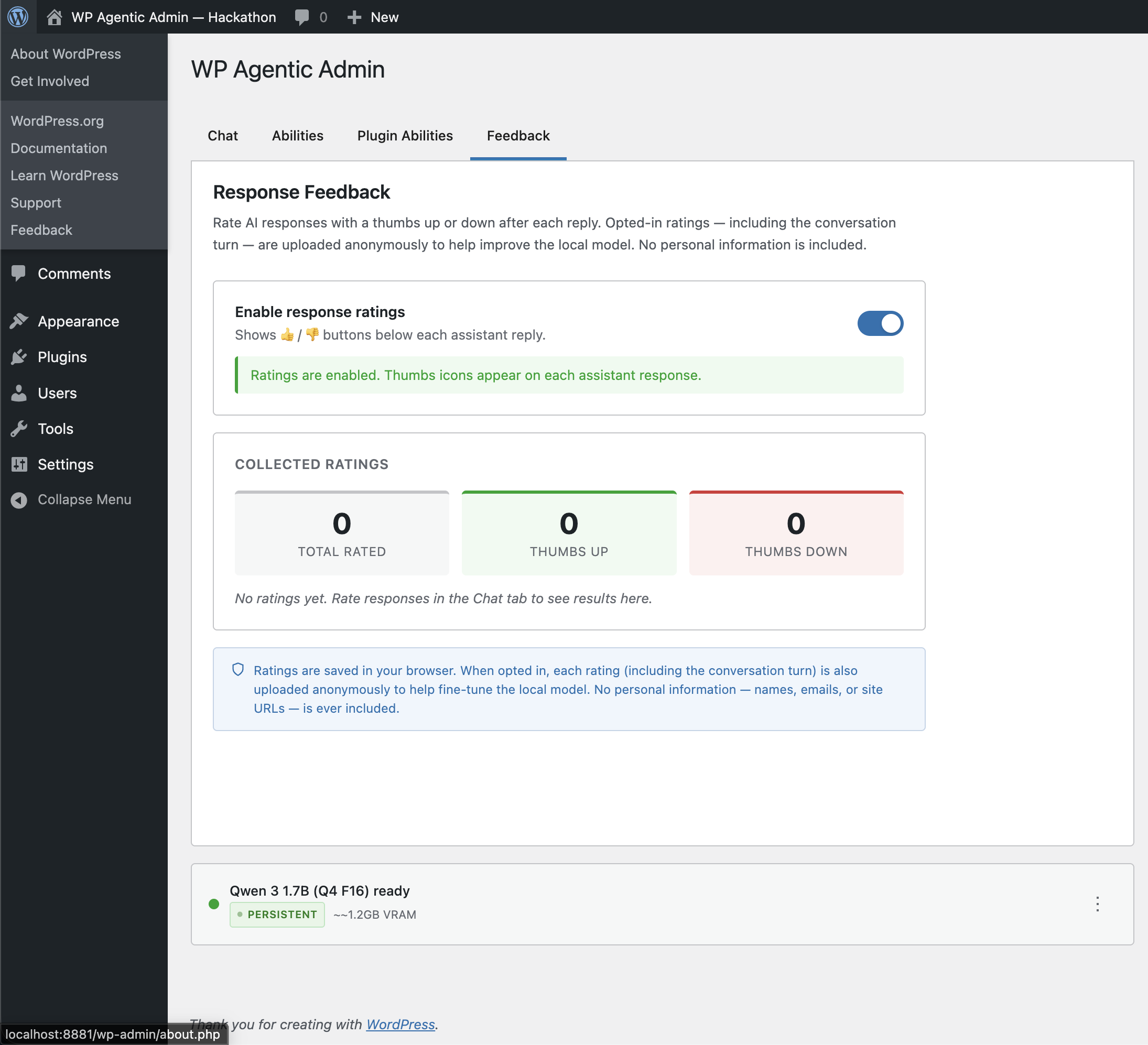 Agentic Admin for WP feedback collection showing response ratings system